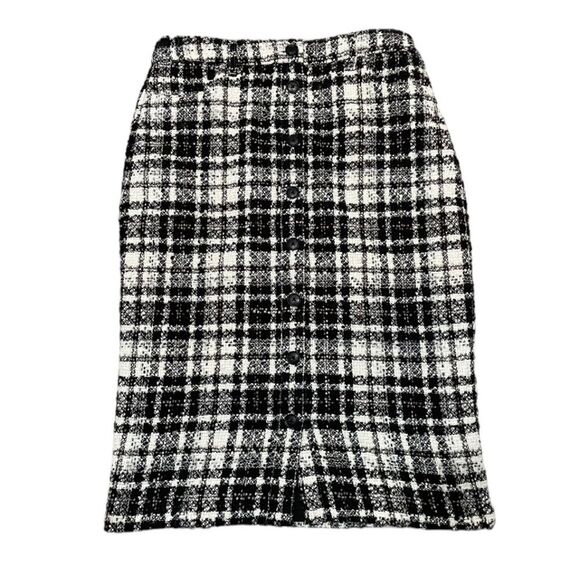 Banana Republic Black and White Boucle Wool Blend Plaid Button Down Skirt Size 4 - Picture 1 of 14